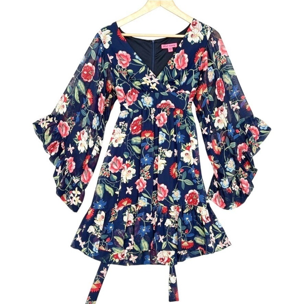 Betsey Johnson Bambi Garden Floral Mini Flowy Wide Bell Sleeves Babydoll Dress 6